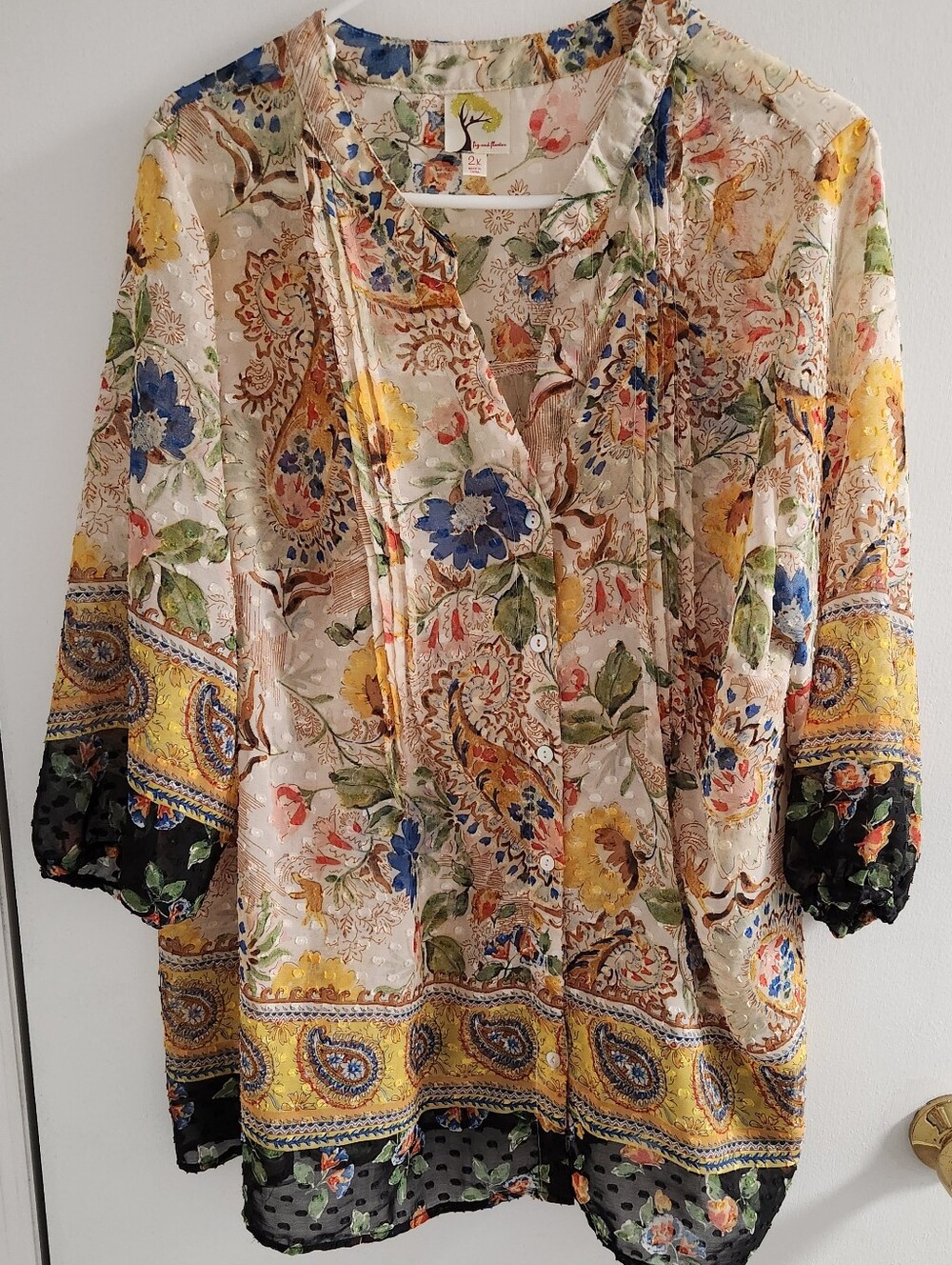 Fig & Flower Boho Floral Paisley V-Neck Women’s Blouse , Size 2X